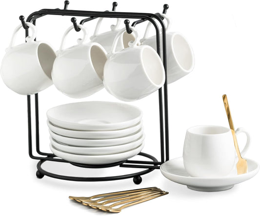 LYEOBOH Espresso Cups with Saucers Set, 3 Ounces Coffee Cups with Metal Stand and Spoons, Ceramic Cappuccino Coffee Cups Demitasse Cups for Espresso, Latte, Cafe Mocha and Tea, Set of 6, White