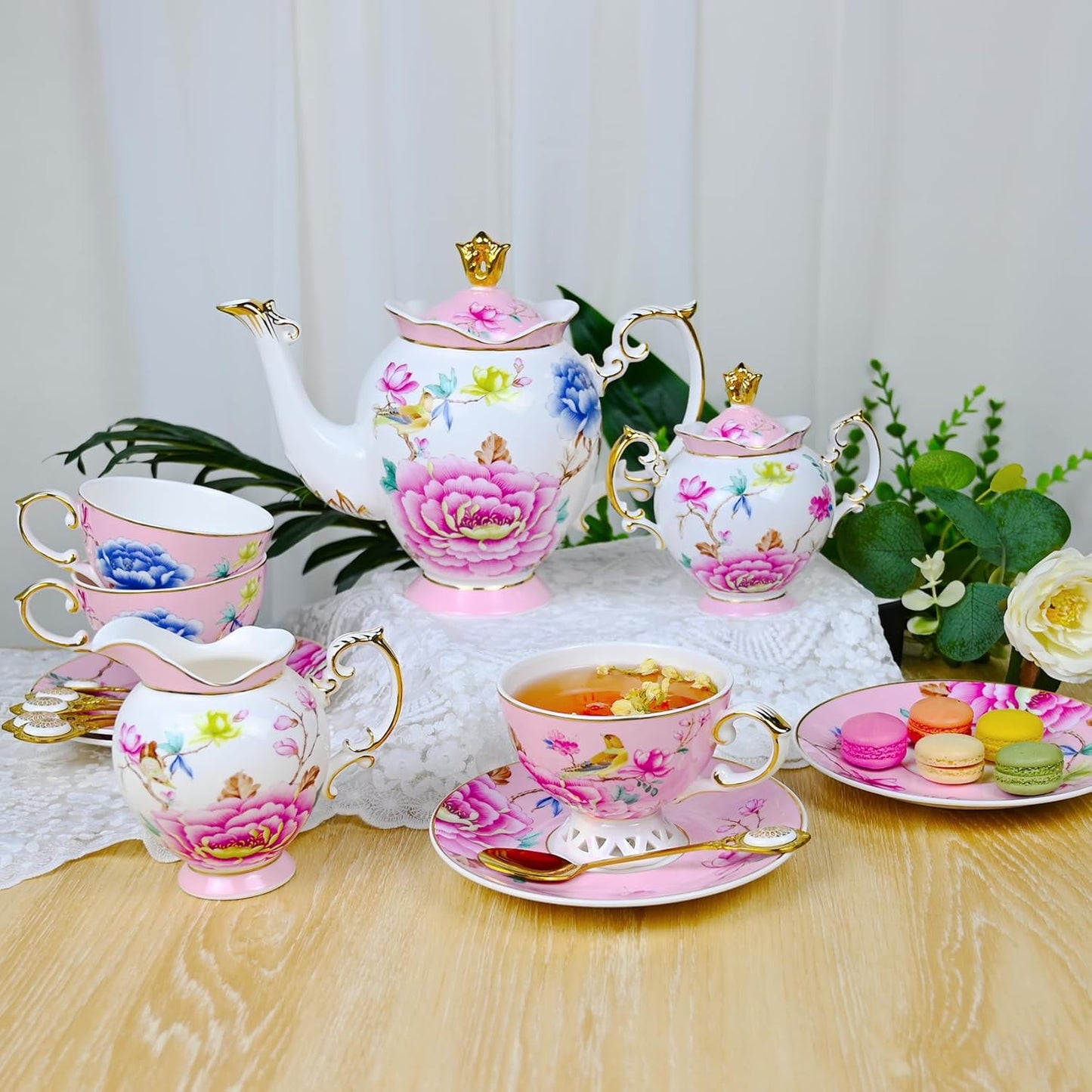 ACMLIFE Tea Set for Adults- Fine China Tea Set for 6, 21-Piece Vintage Coffee Set English Porcelain Tea Pot Sets for Adult Tea Party for Women Gift (Pink, Extra Large 21)