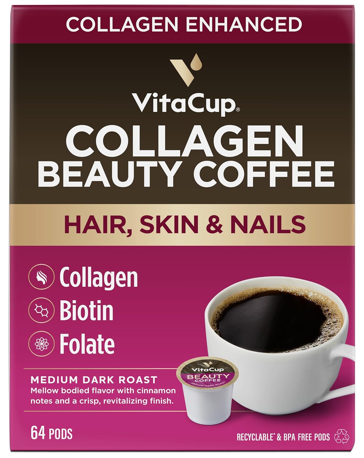 VitaCup Beauty Collagen Coffee Pods for Hair, Skin & Nails, with Biotin & Folate, Medium Dark Roast, Keto Friendly, Recyclable Single Serve Pod Compatible with Keurig K-Cup Brewers,64 Ct
