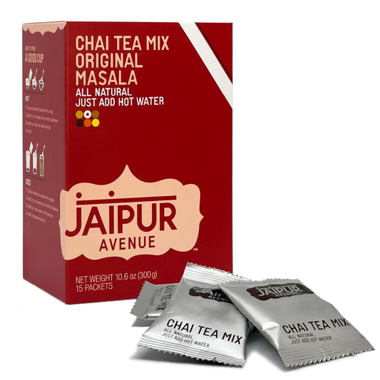 Jaipur Avenue Masala Chai Tea Mix Crafted with All-Natural Assam Black Tea, Masala, Cane Sugar, and Premium Dry Milk - Preservative-Free, Gluten-Free, Authentic Indian Chai Tea Latte (15 Servings)