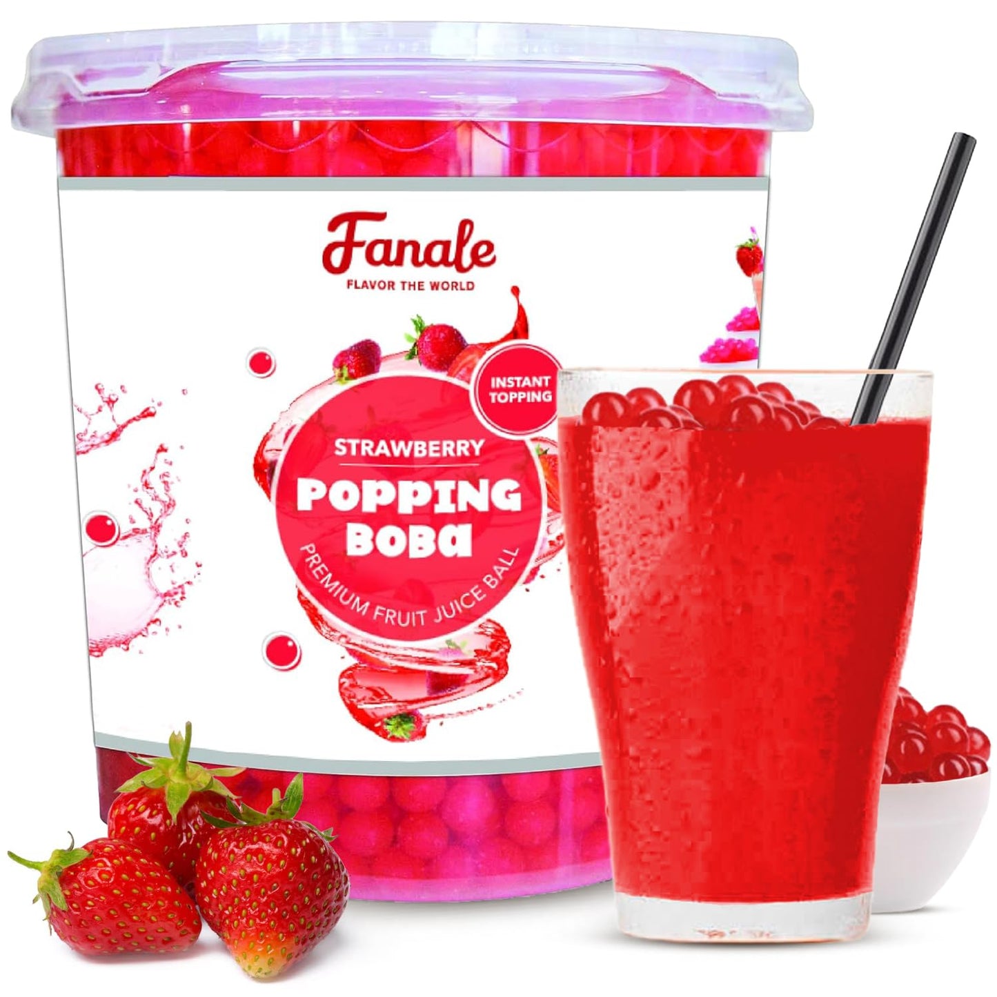 Fanale Strawberry Popping Boba Pearls, Vegan, Non GMO, Gluten Free, Fat Free, Perfect for Bubble Tea, Smoothies, Ice Cream, Desserts, and Beverages.