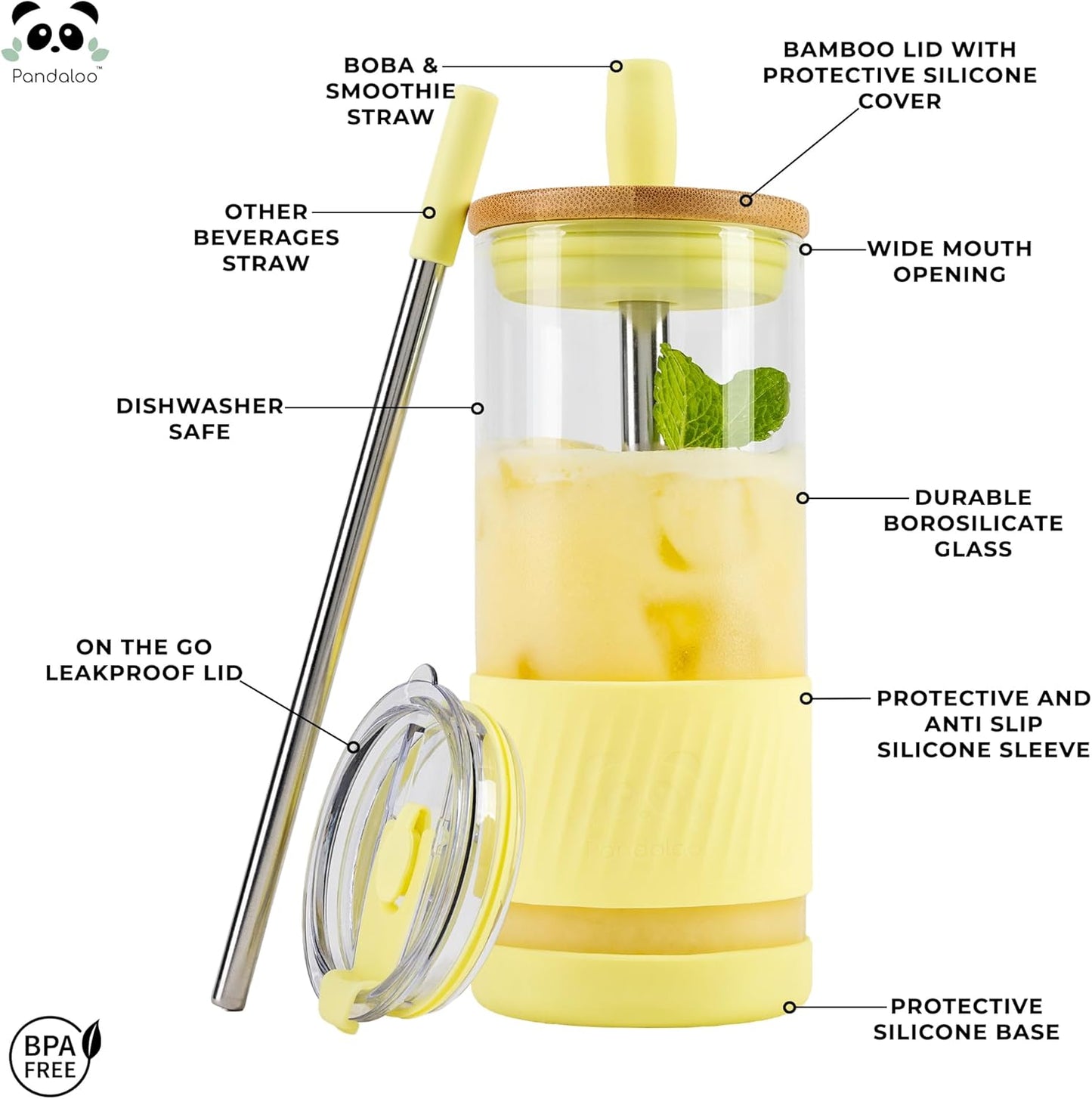 Pandaloo® Glass Cups With Lids and Straws -20 Fl Oz- Perfect Size Iced Coffee Cup - Smoothie Cup With Bamboo Lid and On the go Lid (Sunny Lime, 1 Count (Pack of 1)