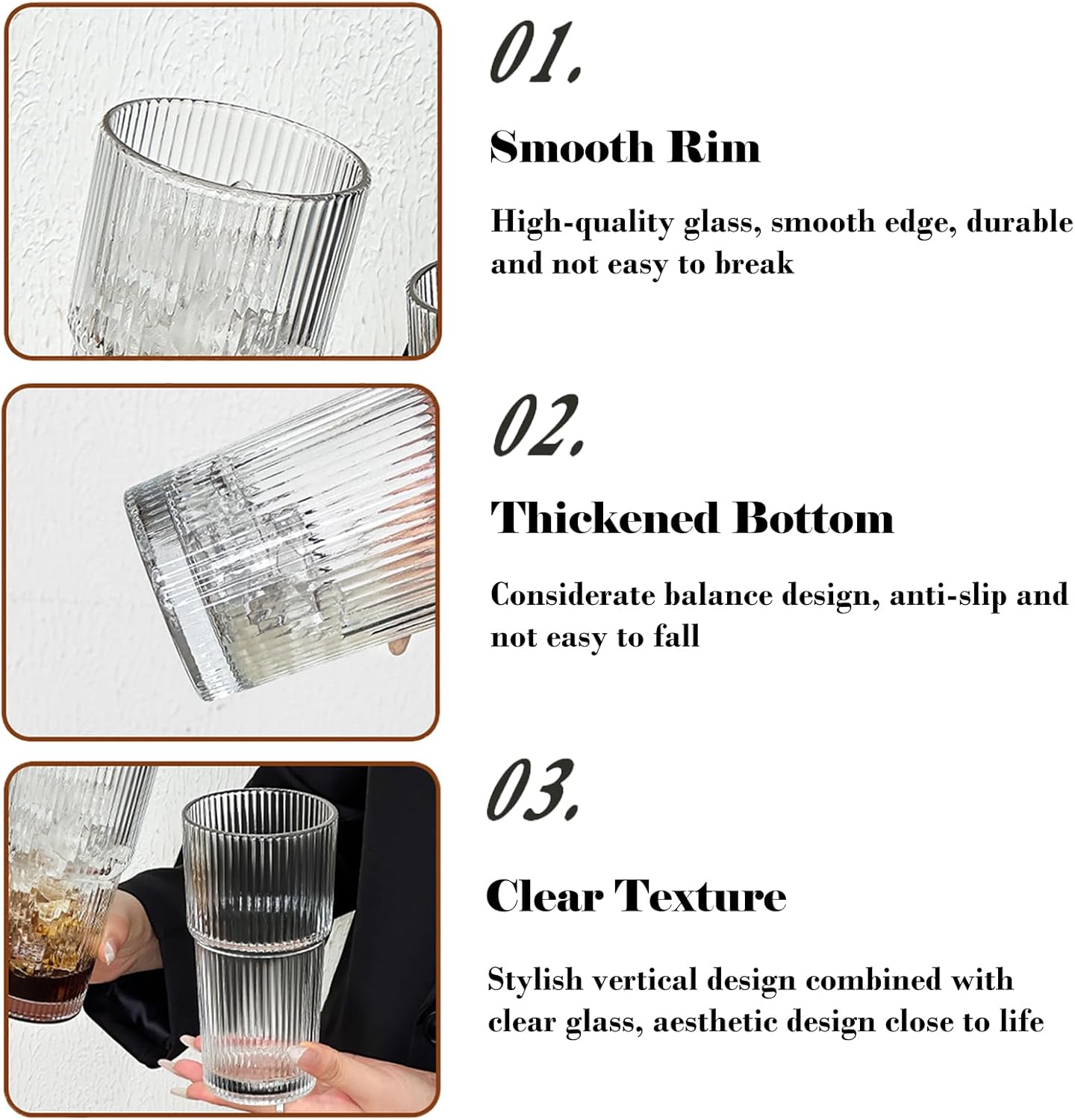 2 Pack Iced Coffee Cup with Lids, 20oz Clear Glass Tumbler with Straw & Lid, Ribbed Glassware Cups, Dishwasher Safe Drinking Glasses, Stylish Glass Cups for Coffee, Juice, Tea, Matcha