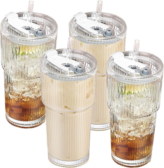 20 oz Glass Tumbler with Lid and Straw, 4 Pack Clear Ribbed Iced Coffee Cup, High Borosilicate Glass Tumbler, Reusable Vintage Glassware for Iced Coffee, Smoothies, Cocktails, and Juices