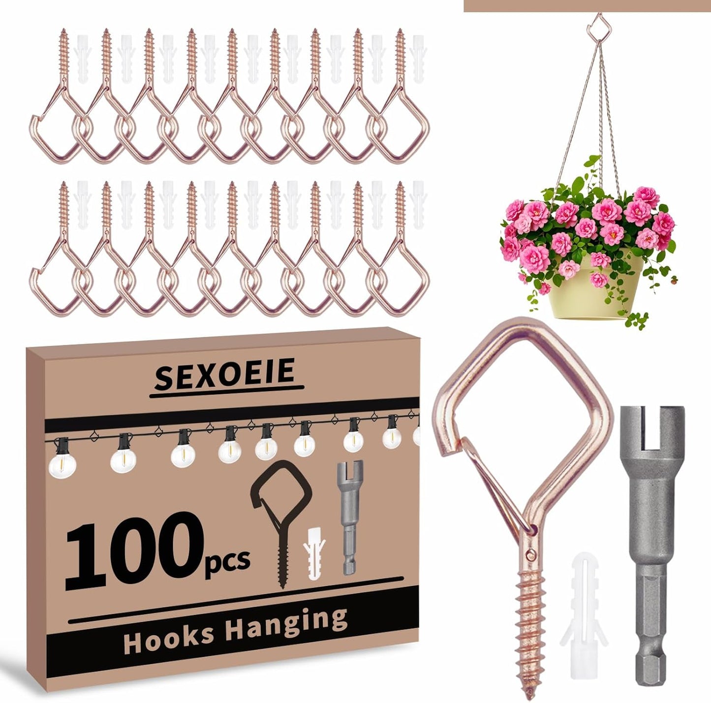 100 PCS Rose Gold Eye Screw Hooks for Hanging Heavy Duty with Safety Buckle.Metal Ceiling Hooks for Hanging Plants Cup Wind Chime Bird Feeders Patio Lights at Indoor&Outdoor