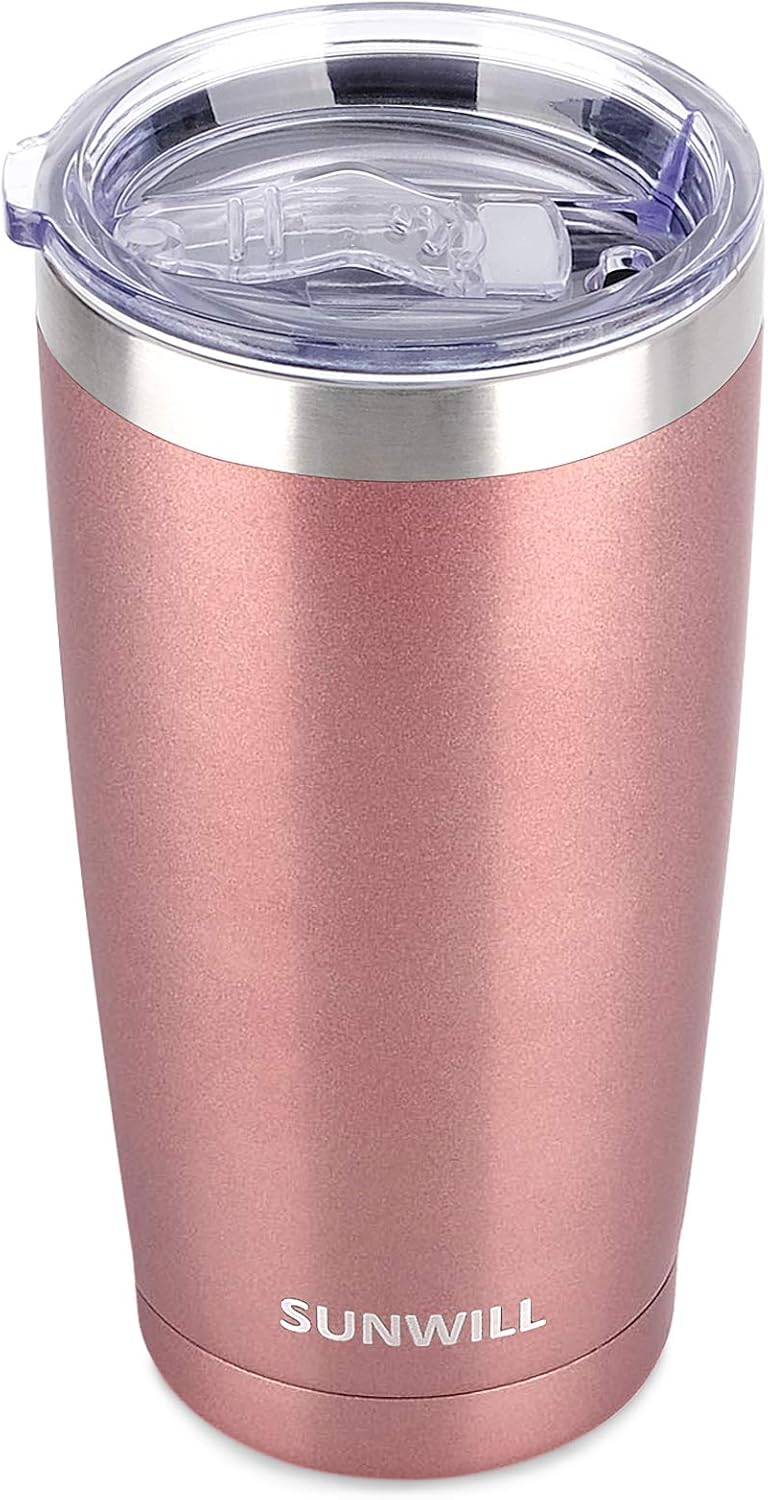 SUNWILL Travel Coffee Tumbler 20 oz, Insulated Mug with Lid, Stainless Steel Cup for Hot and Cold Drinks, Rose Gold