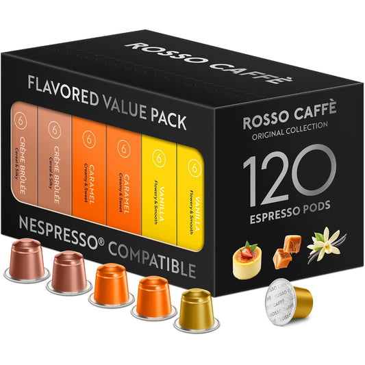 ROSSO CAFFÈ 120 Espresso Coffee Pods for Nespresso Original Machines - Value Pack of Premium Flavored Capsules, 3 Rich and Balanced Desert Coffees (Vanilla, Crème Brulee, Caramel)