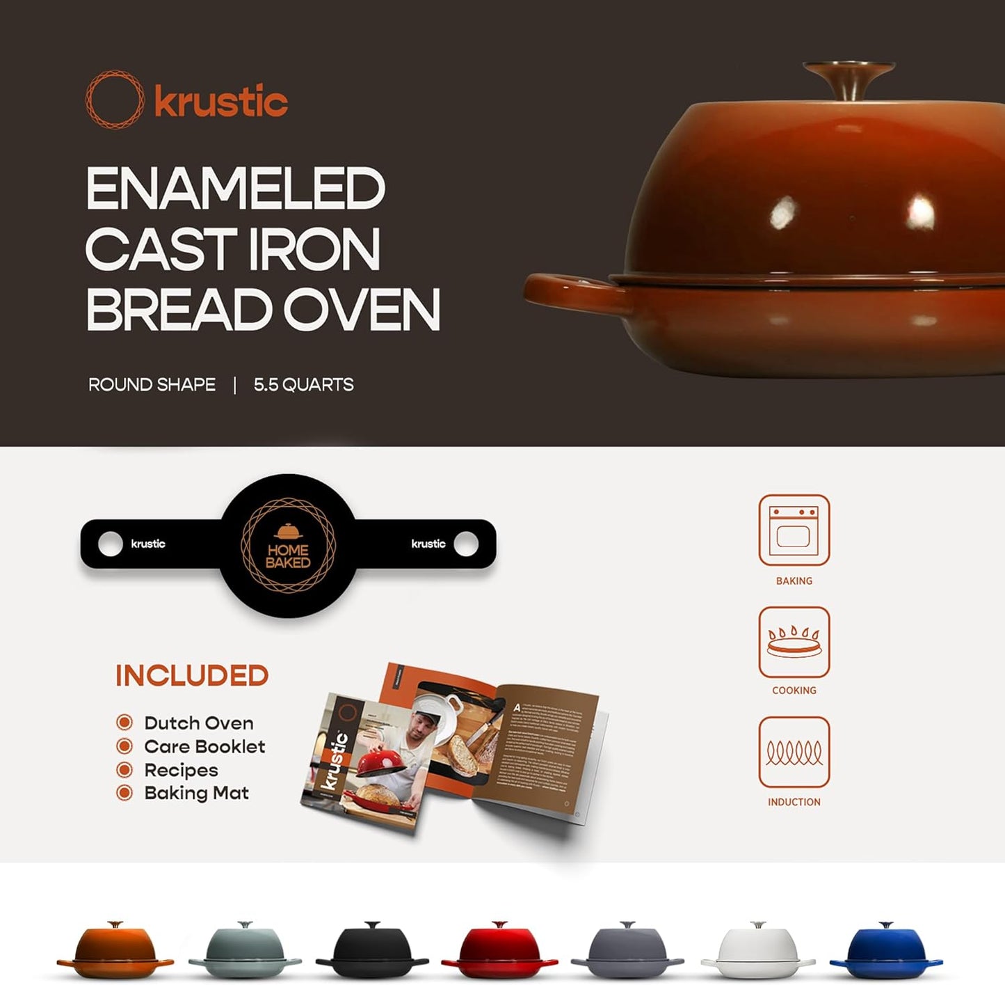 Enameled Cast Iron Dutch Oven for Sourdough Bread Baking | 6 Quart Pot with Lid | 10 Inch Ceramic Enamel Thick Coated Cookware Set with Non Stick Silicone Baking Mat for Cooking | 6 Qt |