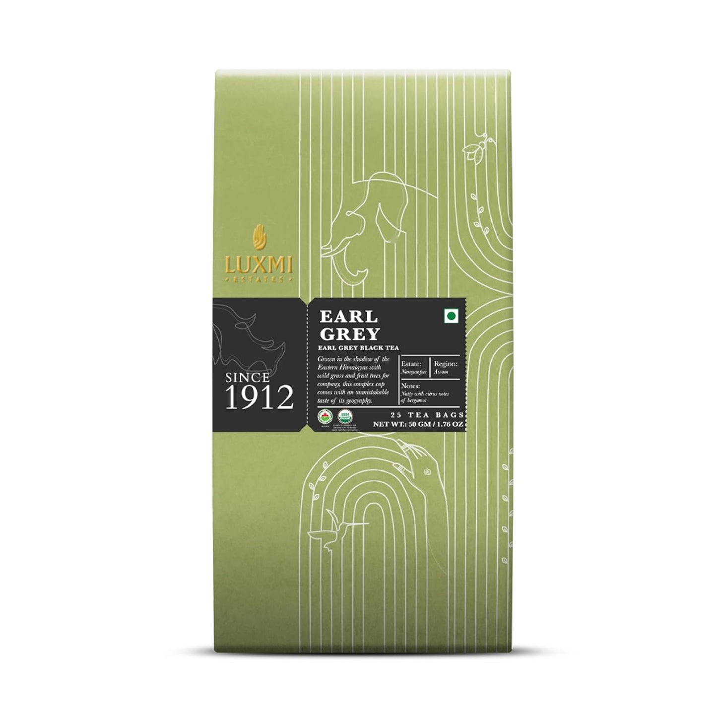 Luxmi Estates Garo Hills Earl Grey Tea 25 Tea Bags (50g) Pack | Certified Organic Black Tea