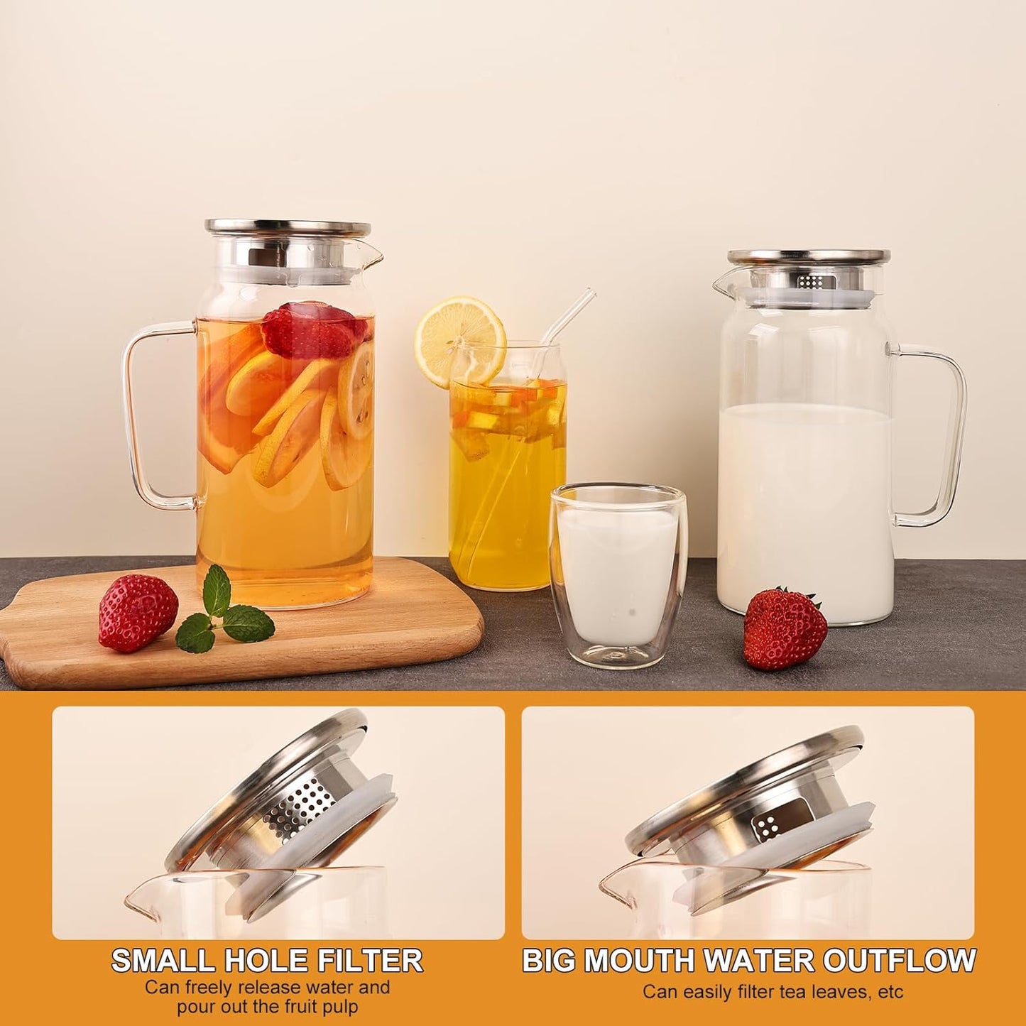 Set of 2 Glass Pitcher with Lid, 1200ml Leak Proof,Glass Water Jugs, BPA-Free,Microwave & Dishwasher Safe Pitcher,Sun & Iced Tea, Sangria,Cold Brew Coffee & More