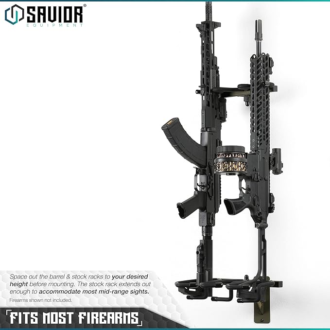 Savior Equipment Wall-Mount Rifle Rack Tactical Shotgun Carbine Firearm Free-Standing Gun Display Indoor Storage Rack - Heavy Duty Steel, Wide Angle Adjustment, 3-Slot Holds up to 75 Lbs