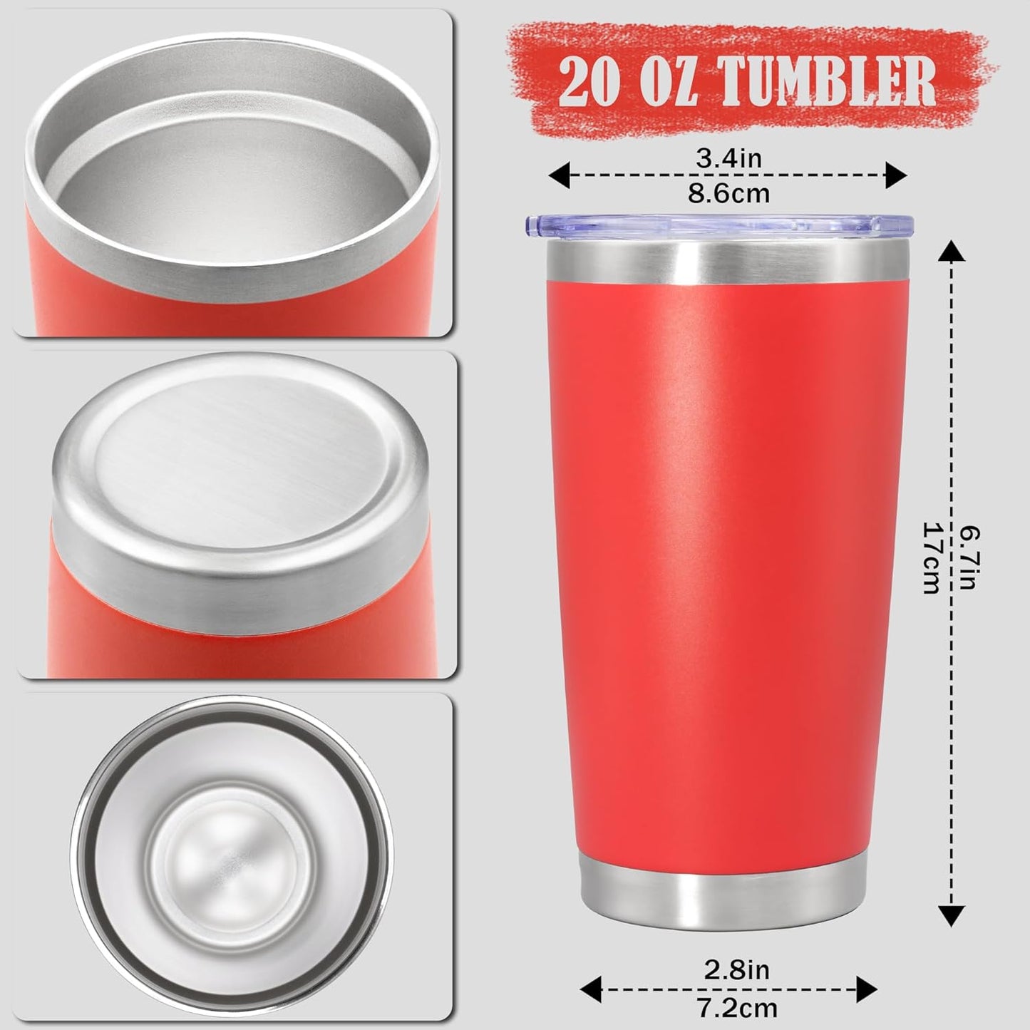 20 oz Tumbler Coffee Tavel Tumblers Bulk with Lid Stainless Steel Double Wall Vacuum Insulated Mug Powder Coated Cups fit Car Cupholder for Hot and Cold - Red, 12Pack
