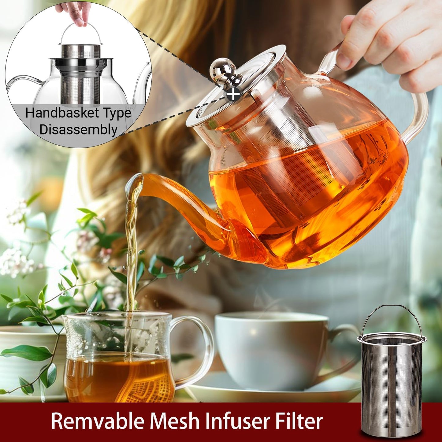 1100ml Glass Teapot with Removable Infuser,37oz Borosilicate Clear Tea Kettle,Stovetop Microwave Safe,Blooming and Loose Leaf Tea Maker Gift