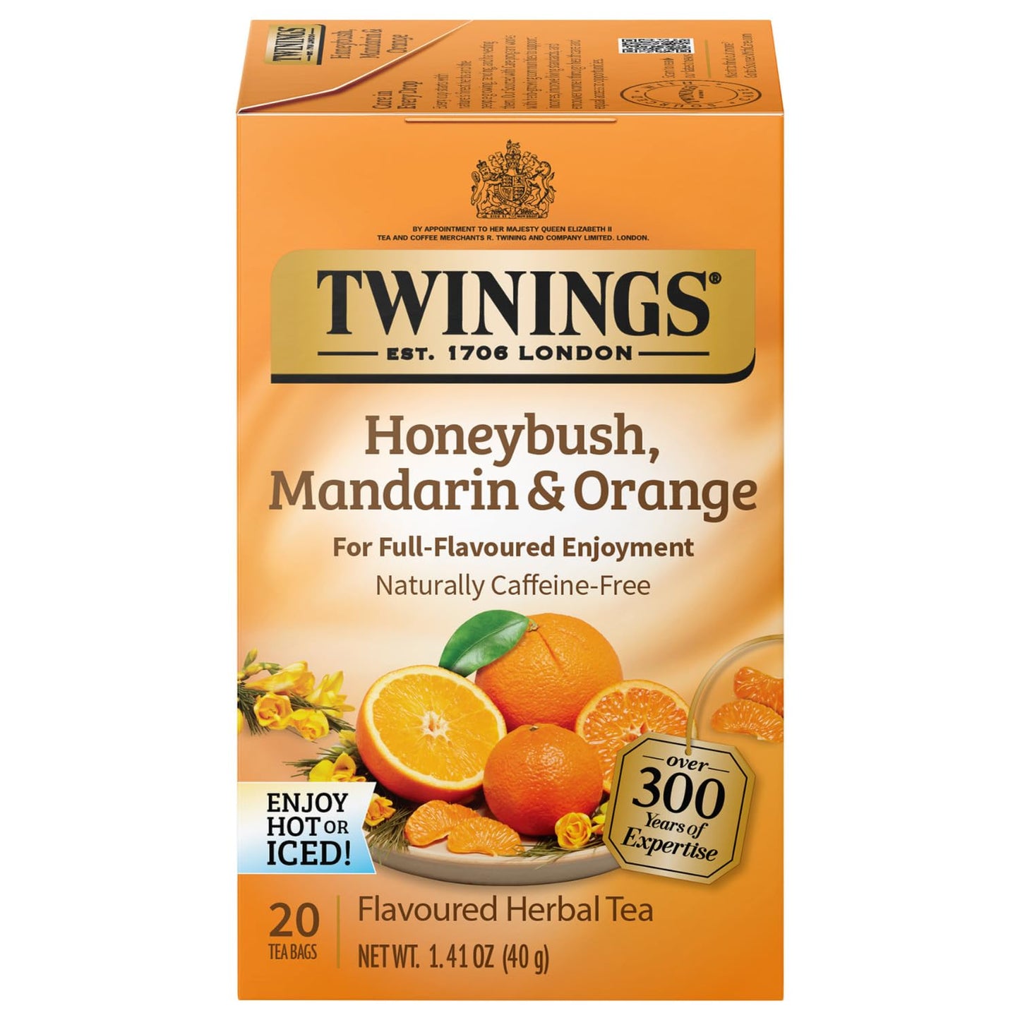 Twinings Honeybush, Mandarin, & Orange Herbal Tea Individually Wrapped Bags, 20 Count (Pack of 1), Naturally Caffeine-Free, Enjoy Hot or Iced, 20 Teabags