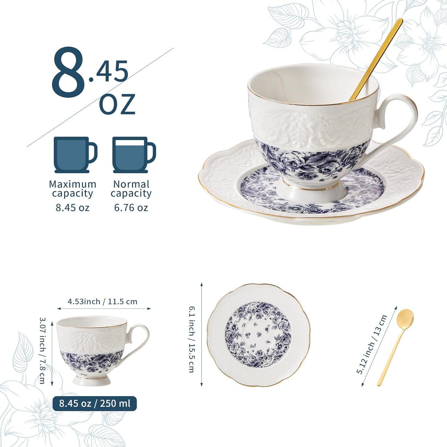 TATSUMI Interglio Embossed Bone China Tea Cup and Saucer Set, 3 Pieces Vintage Style Coffee Cup & Saucer Set For Women Wedding Gift (Starry Sky Rose, 1 set)