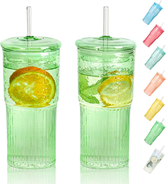 20 OZ Glass Cup with Lids and Glass Straws, High Borosilicate Iced Coffee Glass Tumblers with Lid and Straw for Drinks, 2pcs Reusable Wide Mouth Smoothie Cup(Green)
