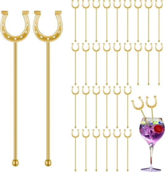 6 Inch Derby Drink Plastic Stirrers Swizzle Sticks for Cocktails Coffee Reusable U Shaped Horseshoe Drink Stirrers for Coffee Beverage Party Bar Weddings Events(Gold,30 Pcs)