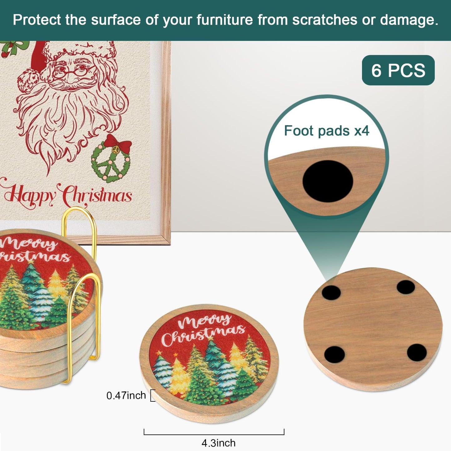 Christmas Tree Coasters for Drinks with Holder, Minacun Absorbent Coaster Set of 6, White Elephant Gifts, Secret Santa Gifts, Xmas Decor, Drinks Coasters for Coffee Tabletop Protection, 4.3 Inches