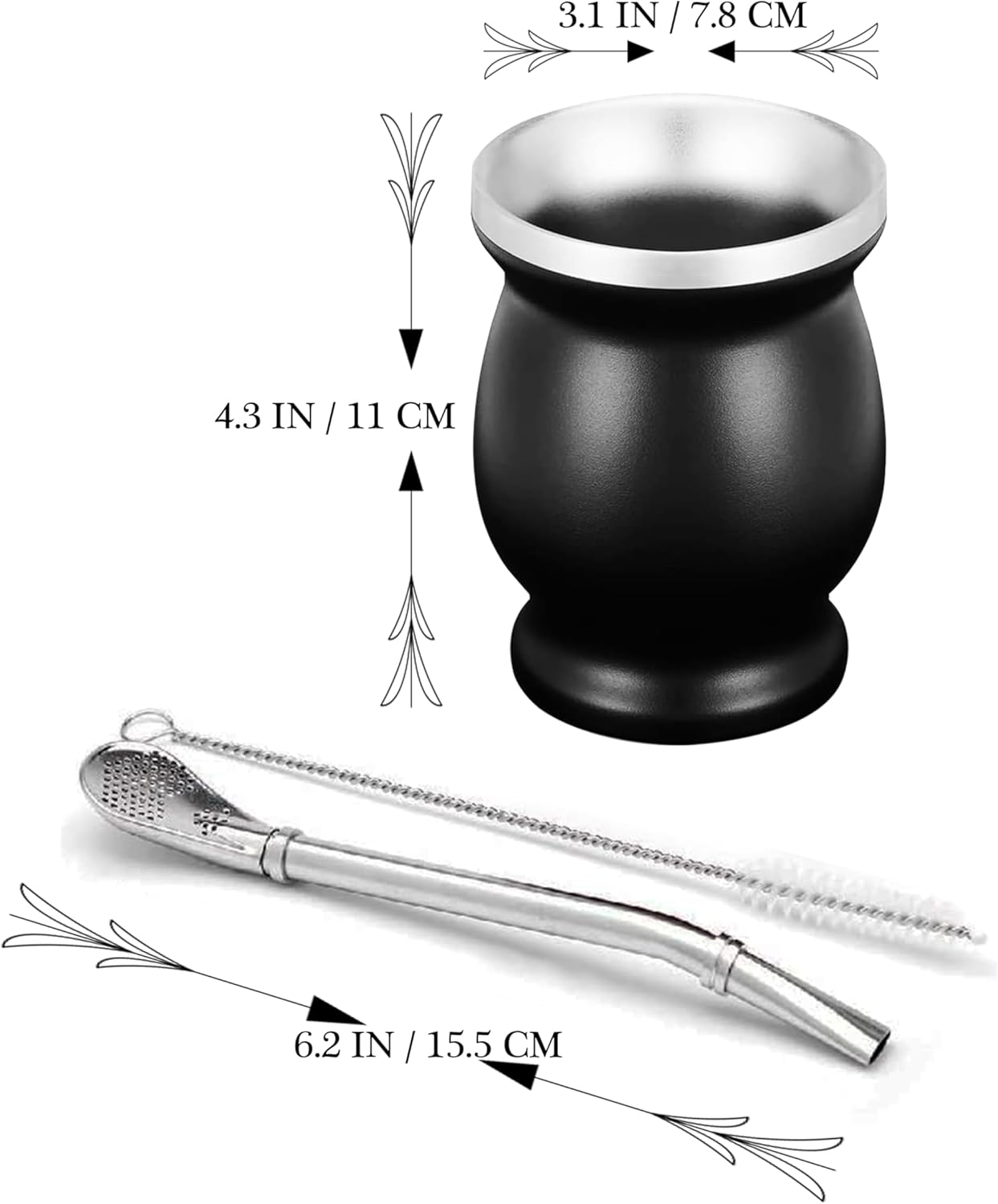 LA FEE Yerba Mate Natural Gourd/Tea Cup Set Brown (Original Traditional Mate Cup - 8 Ounces)，Includes Yerba Mate Straw & Cleaning Brush，Stainless Steel | Double-Walled | Easy to Clean (Black)