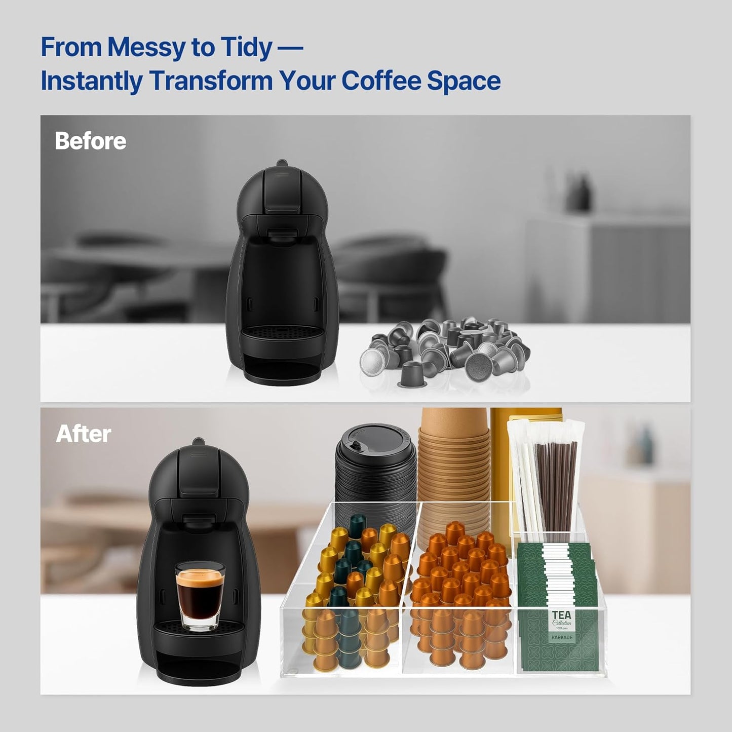 Acrylic Coffee Bar Station – Snack Tea Organizer & Storage Holder for Office Coffee Table – Perfect Countertop Setup for Syrup, Creamer, and Snack Accessories