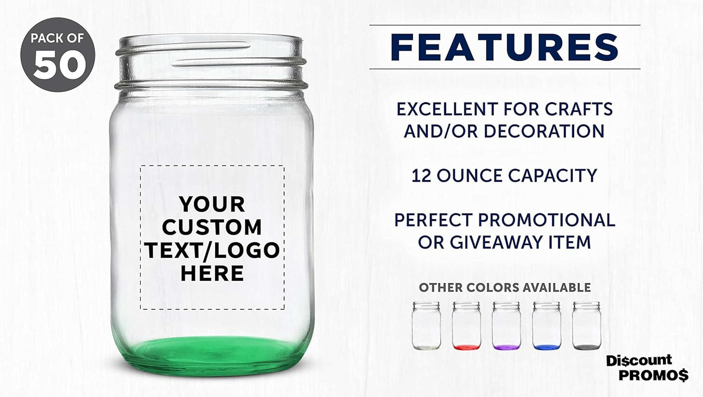DISCOUNT PROMOS Custom Decorating Mason Jars 12 oz. Set of 50, Personalized Bulk Pack - Glass Jars for Overnight Oats, Candies, Fruits, Pickles, Spices, Beverages - Green