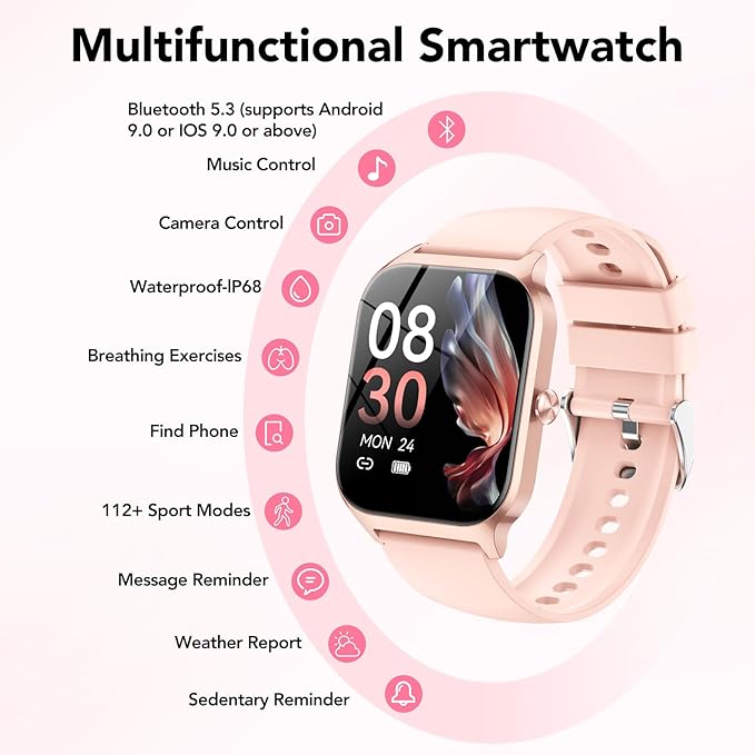 Smart Watch, 1.85" Smartwatch for Women(Answer/Make Call), 2025 Fitness Watch with 115+ Sports Modes/Heart Rate/SpO2/Pedometer/Sleep Monitor, IP68 Waterproof Activity Tracker for Android iOS, Pink