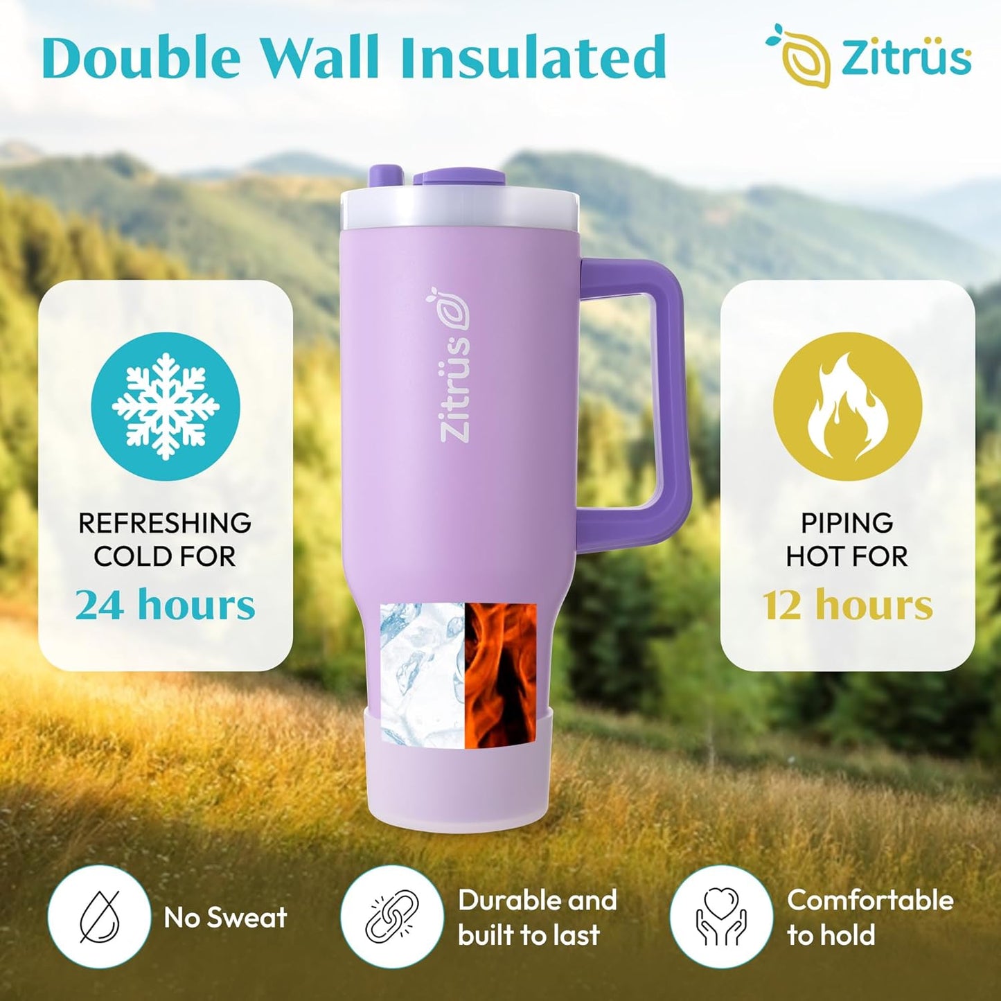 40 oz Tumbler with Handle and Straw | Leak Proof Insulated Stainless Steel Water Bottle Travel Mug Fits in Cup Holder | Keeps Cold Hot | Gifts for Women Men Him Her (Violet, 40 oz)