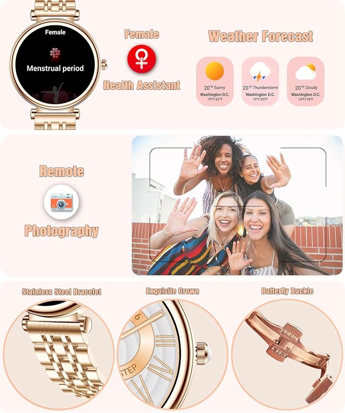 Smart Watch for Women 1.27" Color Screen Waterproof Fitness Activity Tracker Rose Gold Women's Smart Watch with Heart Rate Sleep Monitor for Android and iOS (Rose Gold Steel RT-i109)