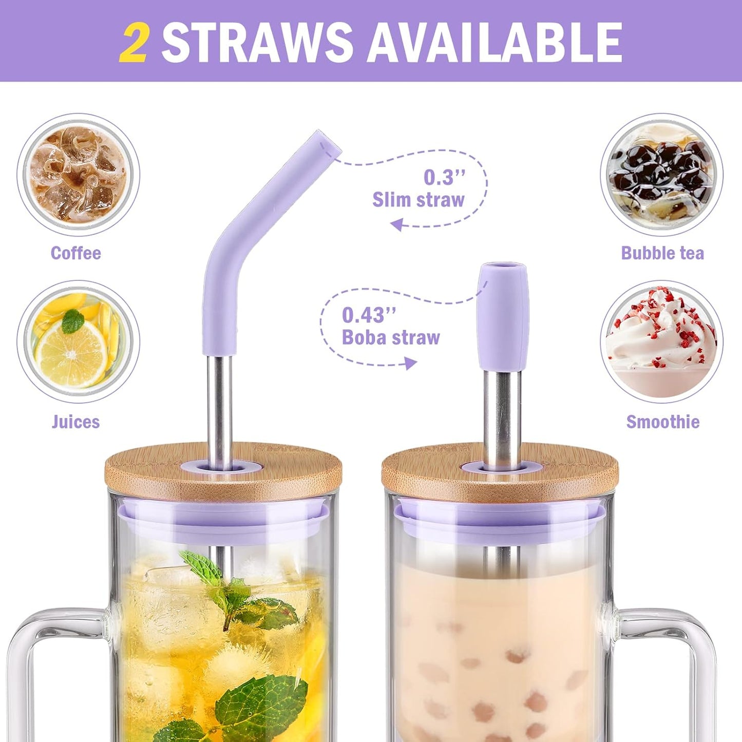Kodrine Glass Tumbler with Lid and Straw, 20 oz Glass Coffee Tumbler with Handle, Smoothie Cup with Bamboo Lid, Time Marker, Silicone Sleeve, Reusable Iced Coffee Cup BPA Free - Amber Purple