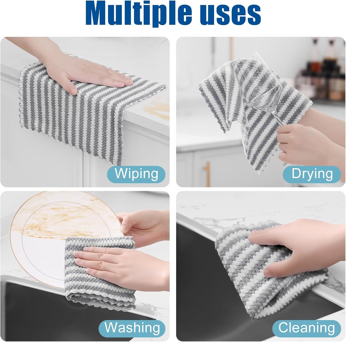 Homaxy 12 Pack Kitchen Dish Cloths, Ultra Soft and Absorbent Dish Towels, Reusable Fast Drying Microfiber Cleaning Cloth, Coral Velvet Wave Design No-lint, 10 x 10 inches, Grey