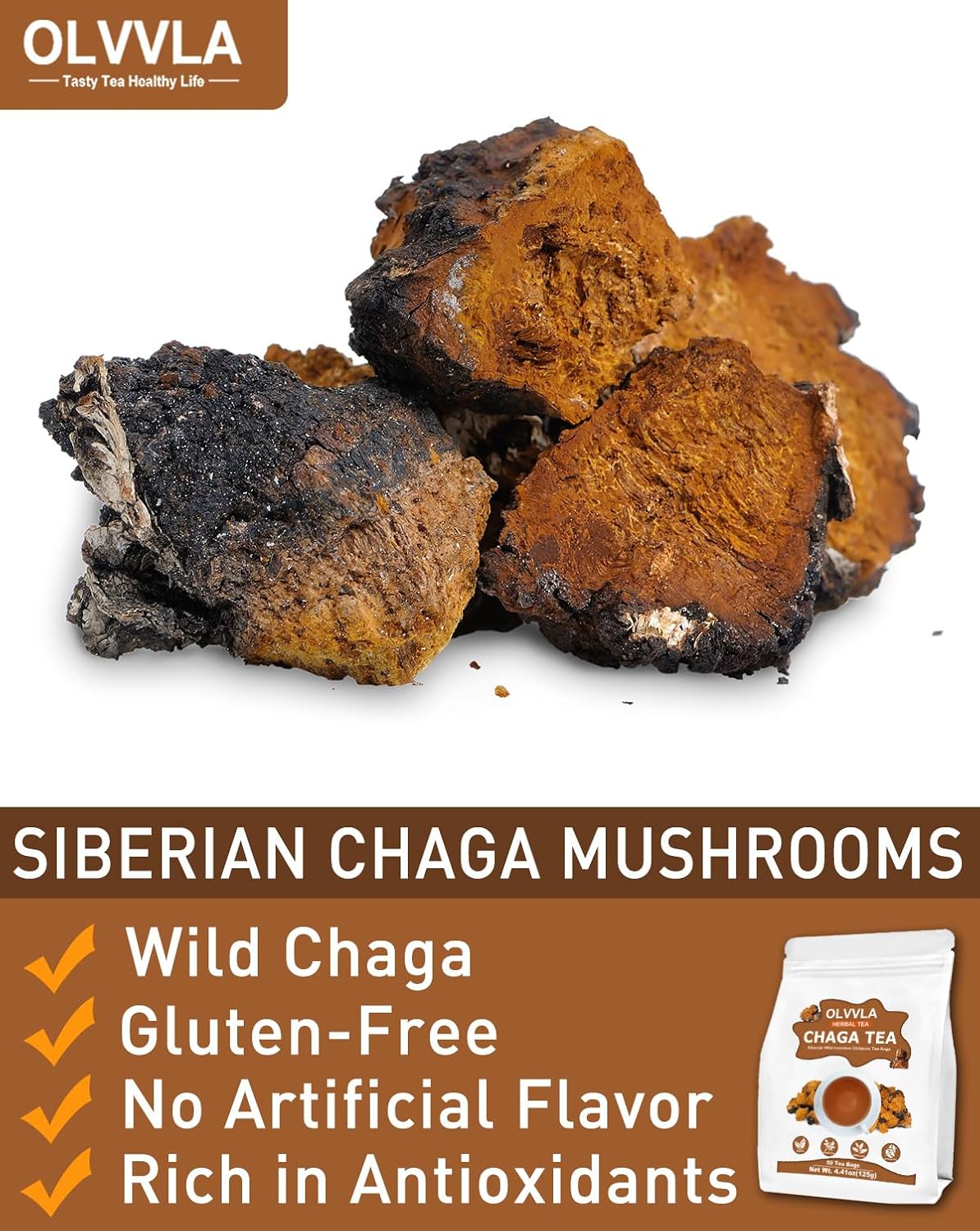 Olvvla - Chaga Tea Bags - 2.5g X 50 Count - 100% Wild Natural Chaga Mushroom Herbal Tea - Sourced from Siberia - Caffeine Free - Gluten-Free - Rich in Antioxidants