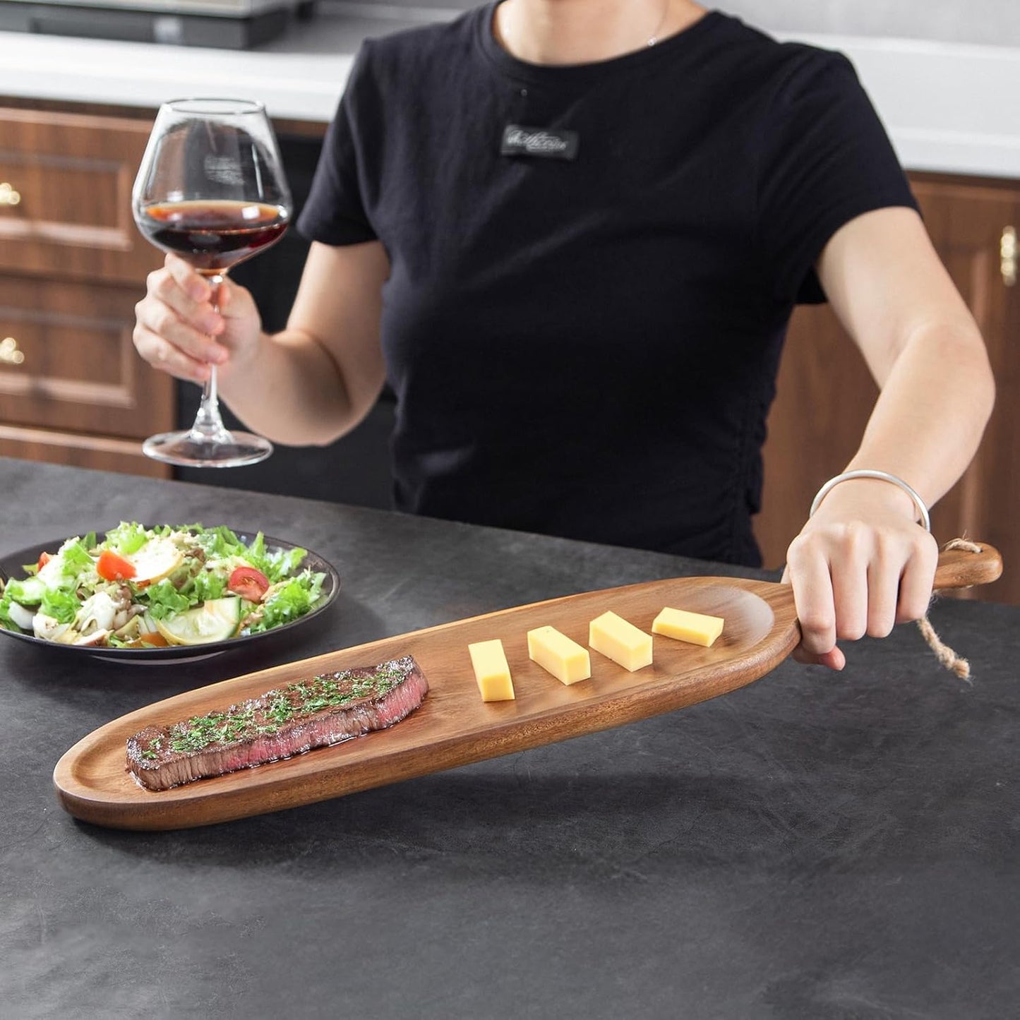 Wooden Tray Wood Serving Tray with Handle Large Serving Plates Acacia Solid Wood Appetizer Plates Multi-Use Oval Acacia Plates for Appetizer for Snack Small 1pcs