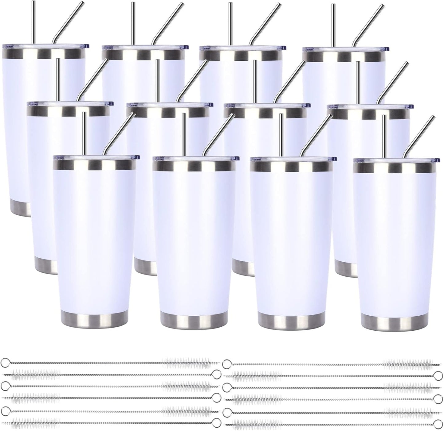 Pandance 20oz Stainless Steel Insulated Tumblers with Lid and Straw Bulk, Double Wall Vacuum Water Cups for Hot & Iced Coffee Drinks Travel Mug (White, 12 pack)