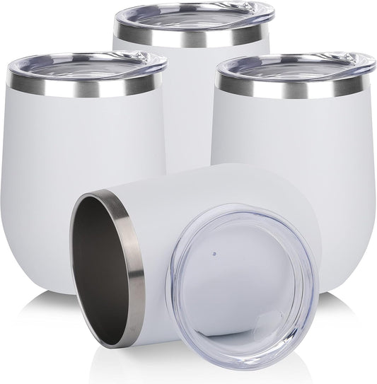 DOMICARE Stainless Steel Wine Tumbler Bulk with Lid, Personalized White Insulated Tumblers Set, 12oz Travel Coffee Cups Pack of 4