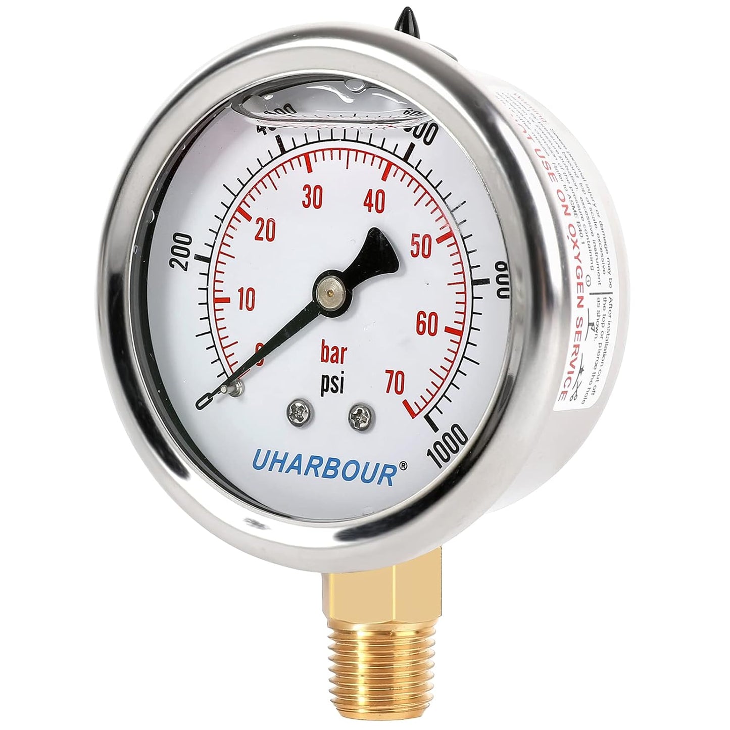 Glycerin Filled Pressure Gauge 1000psi/70bar, Stainless Steel case, Brass Inside Construction, 2-1/2" dial, 1/4" NPT Rear Connection.