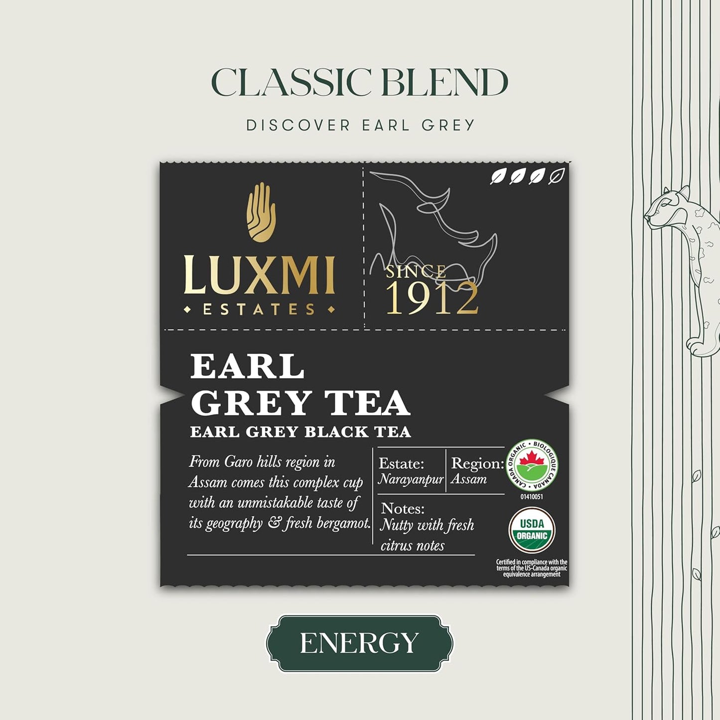 Luxmi Estates Garo Hills Earl Grey Tea 100gm Tin | Certified Organic Black Tea