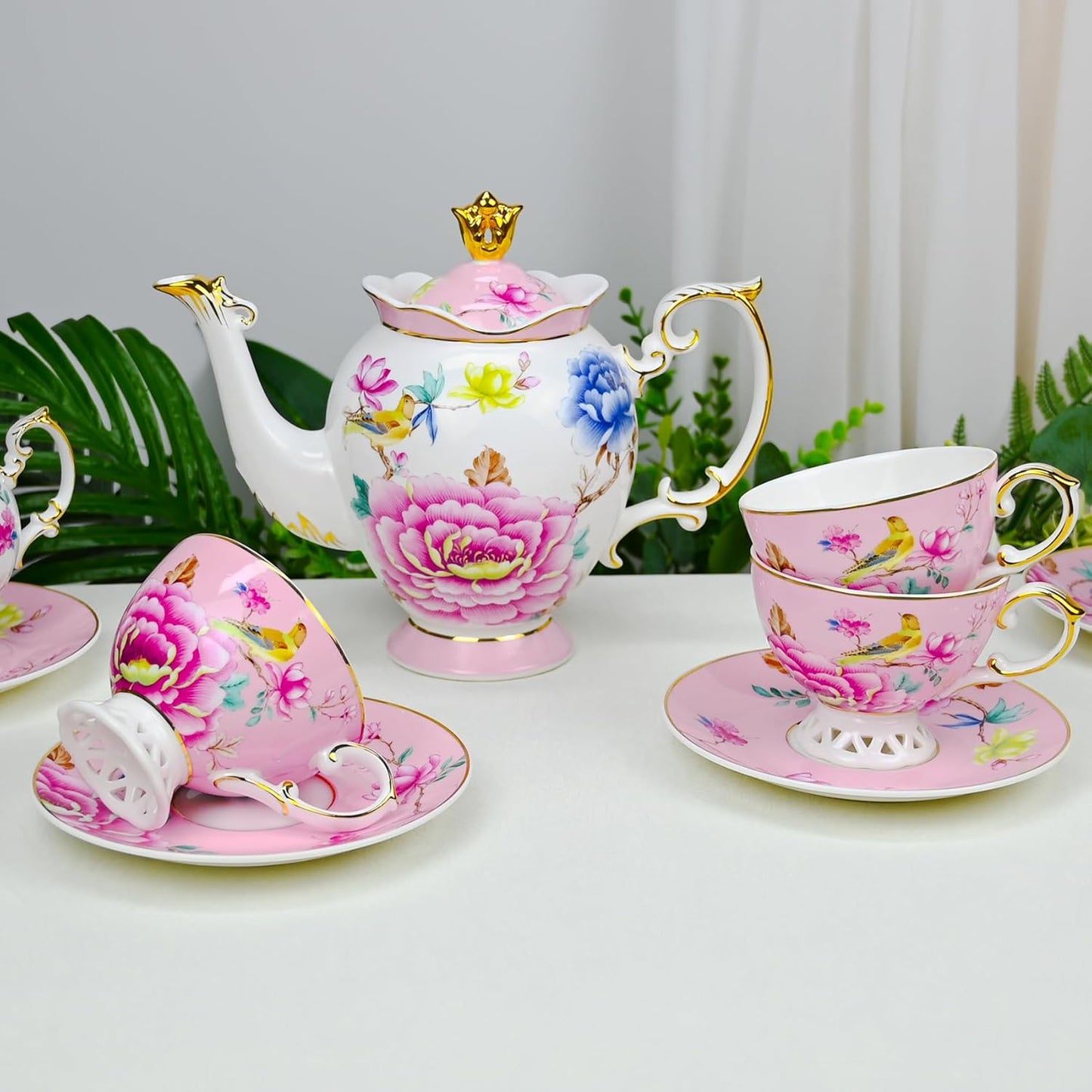 ACMLIFE Tea Set for Adults- Fine China Tea Set for 6, 21-Piece Vintage Coffee Set English Porcelain Tea Pot Sets for Adult Tea Party for Women Gift (Pink, Extra Large 21)