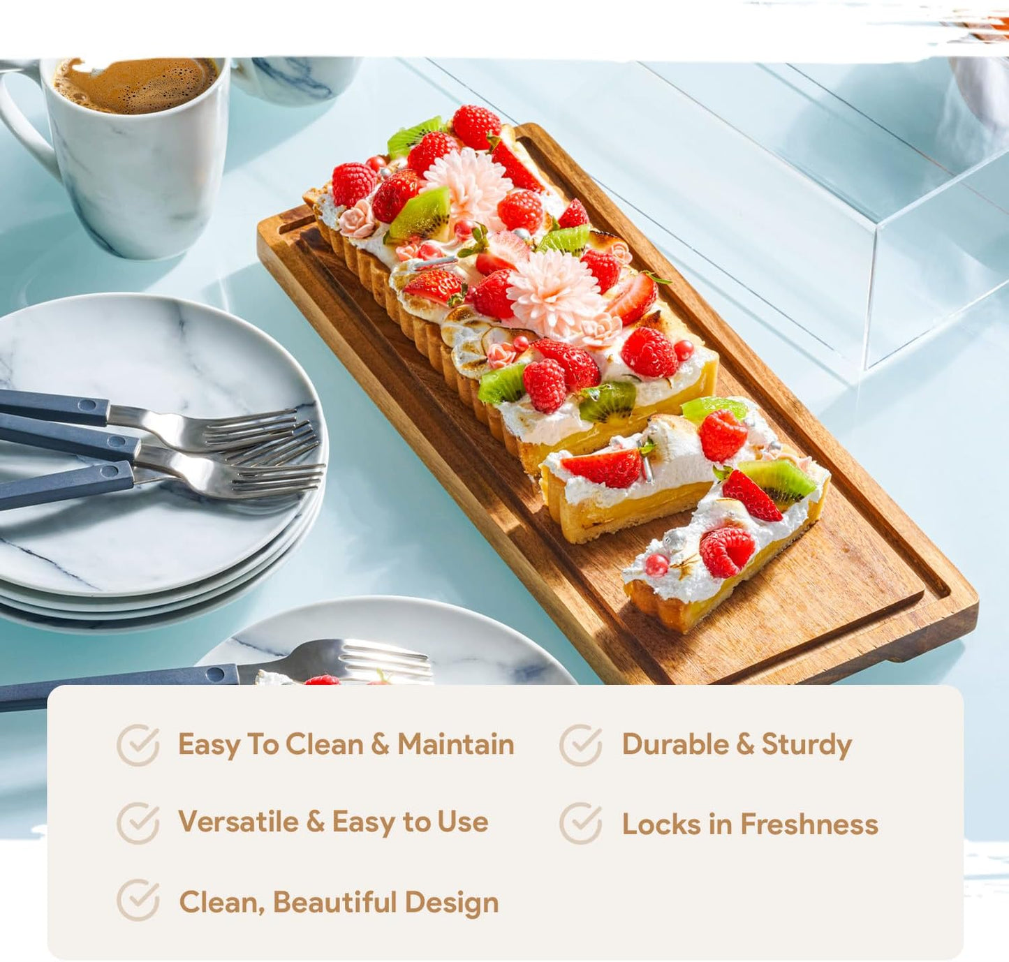 Cake Display with Lid – Acacia Wood Dessert Stand & Wooden Charcuterie Board with Lid for Loaf Cakes, Bread, Pastries, Cheese, Large Rectangle Wood Tray Platter & Acrylic Cover, 15 x 6.25”