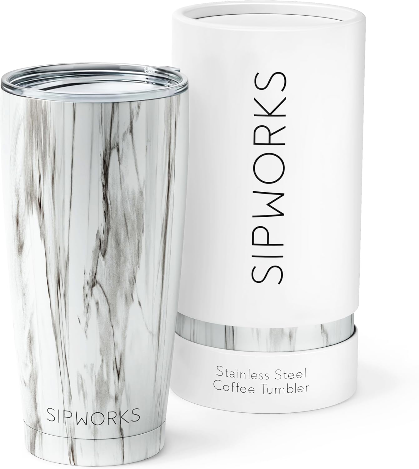 Stainless Steel Coffee Tumbler: Double-Wall Vacuum Insulated Spill-proof Travel Mug Metal Coffee Cup with Lid, 20-Ounce White Marble
