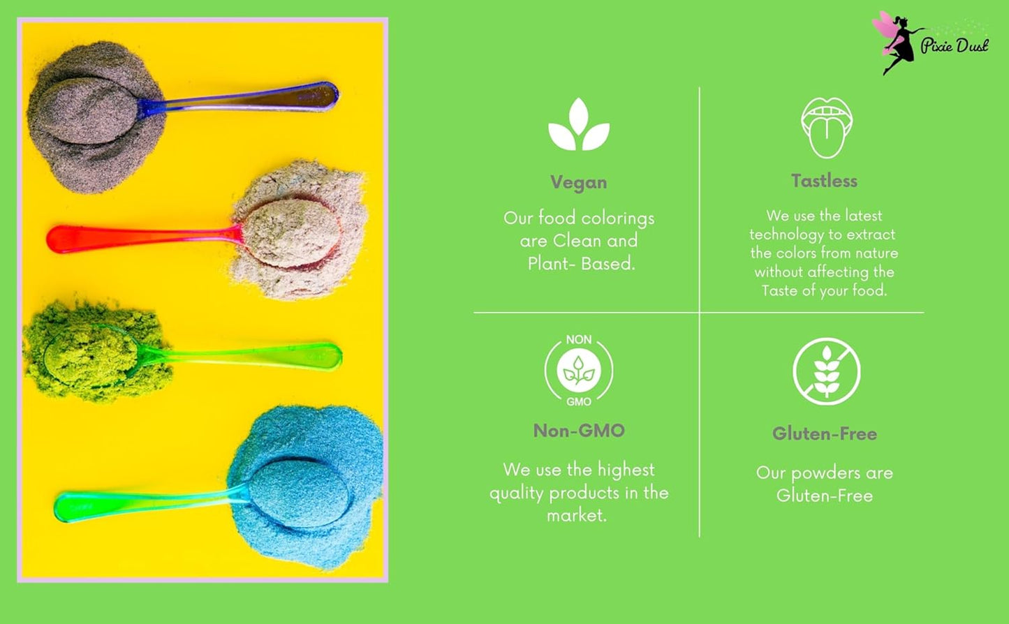 All-Natural Food Coloring Powder set. Colors: Red, Yellow, Blue, Green. Dye-Free/Plant-Based/Non-Carmine/Non annatto/FLAVORLESS by PIXIE DUST (Medium .17 oz Each Color .68 oz/20 gr Total)