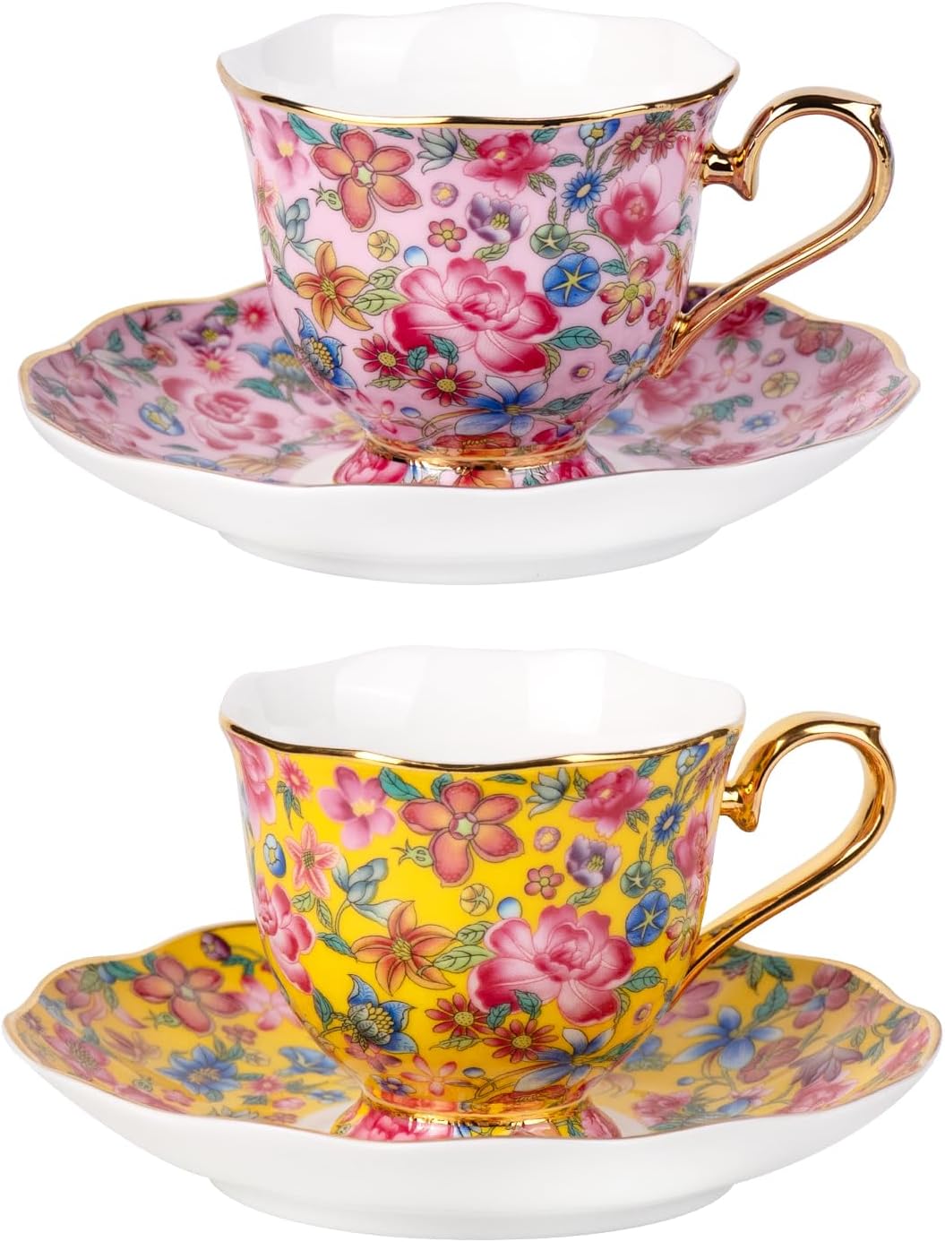 KAMMAK Tea Cups and Saucers Set of 2, Porcelain Coffee Cups with Saucer for Espresso, Cappuccino, 6.3oz Vintage Pink and Yellow Ceramic Demitasse Mug for Home, Tea Party, Office