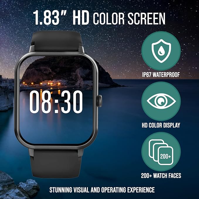 Smart Watch (Answer/Make Calls) 1.83" Fitness Tracker Heart Rate Blood Pressure Oxygen Sleep Monitor 200 Sport Modes Step Calories Trackers IP67 Waterproof Android iPhone Women Men (Black)