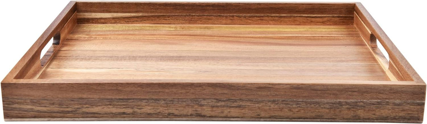 Acacia Wood Serving Tray with Handles (17 Inches) – Decorative Serving Trays Platter for Breakfast in Bed, Lunch, Dinner, Appetizers, Patio, Ottoman, Coffee Table, BBQ, Party –Great for Lap &Couch