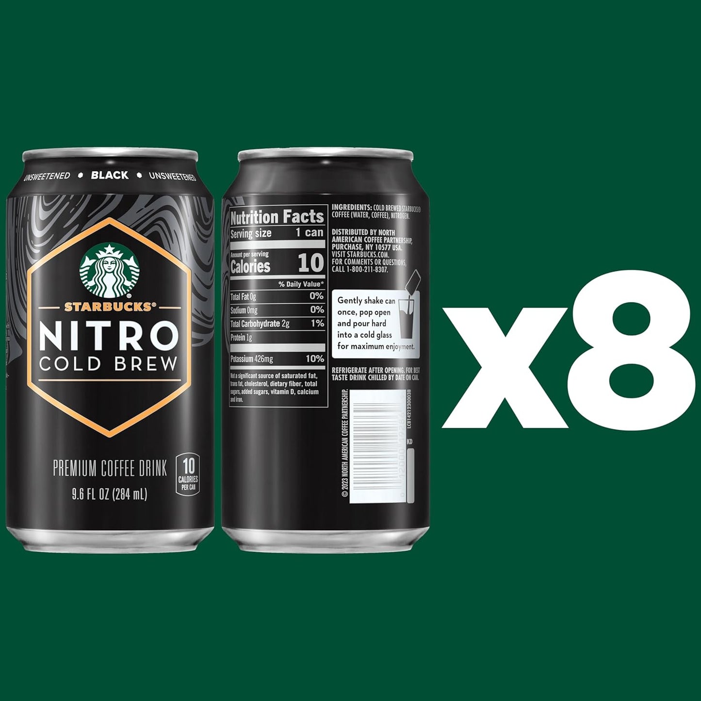 Starbucks Nitro Cold Brew Coffee, Black Unsweetened, 9.6 fl oz Cans (8 Pack), Iced Coffee, Cold Brew Coffee, Coffee Drink