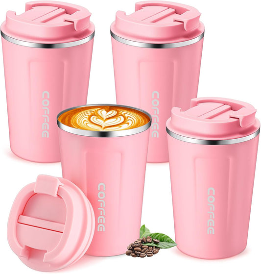 Sieral 4 Pcs 13 oz Travel Coffee Mug Insulated Reusable Coffee Cups with Leakproof Lid Stainless Steel Portable Tumbler for Keep Hot or Ice Milk Tea(Pink)