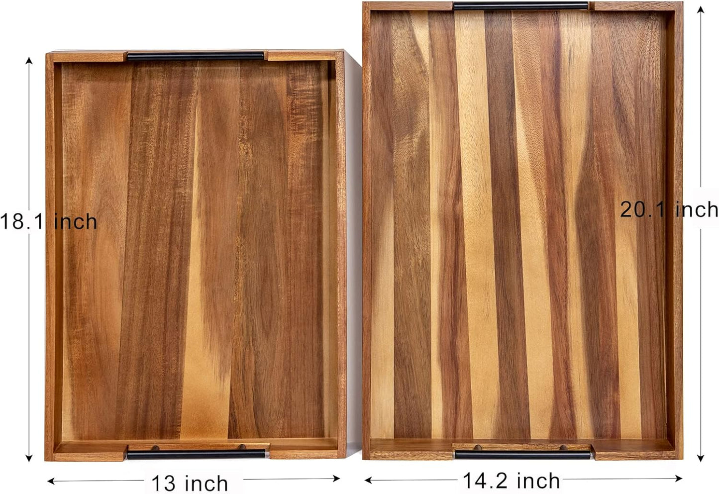 Extra-Large Wooden Tray Set of 2, (20.1'' + 18.1'') Serving Tray with Metal Handles, Rectangle Rustic Serving Trays for Breakfast, Used in Kitchen Counter, Coffee Table, Bedroom, Living Room