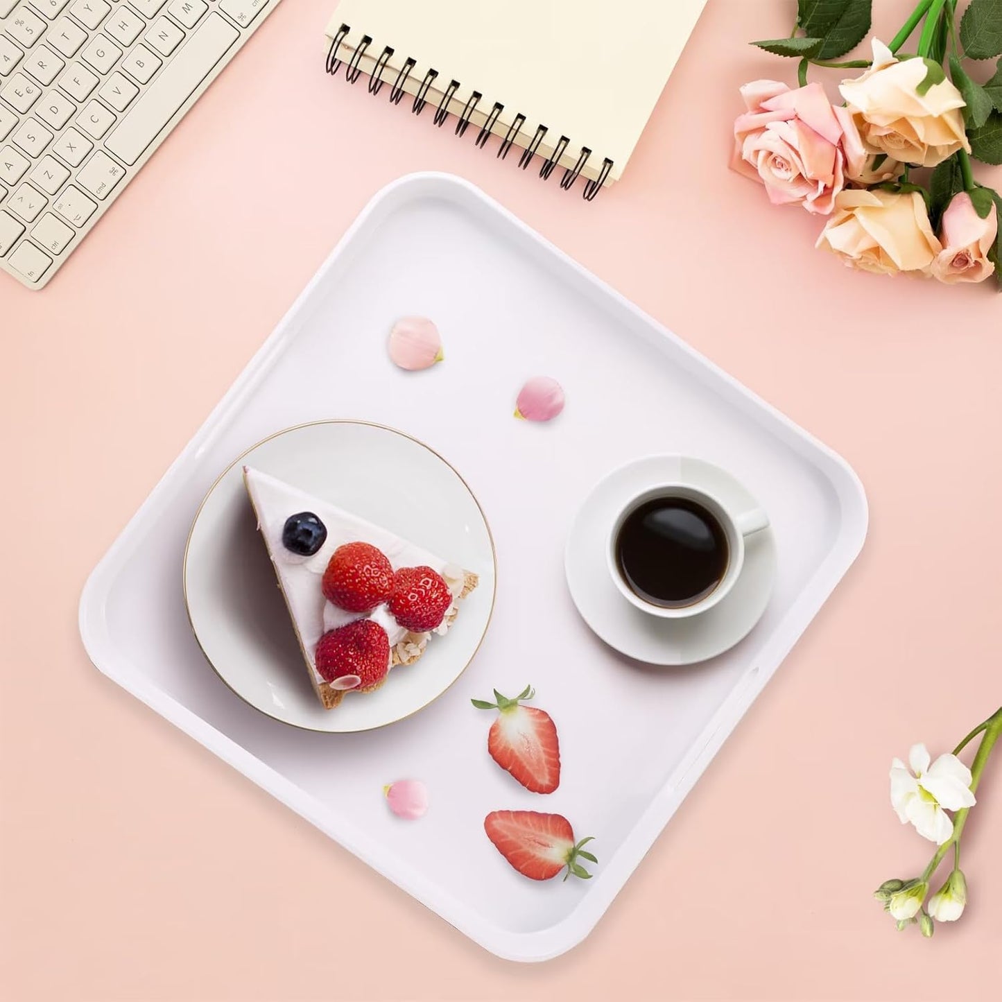 Square White Decorative Serving Tray with Handles, Versatile Ottoman Tray for Coffee Table, Entertaining, Outdoor Patio, Living Room, 13”*13”*1.6”