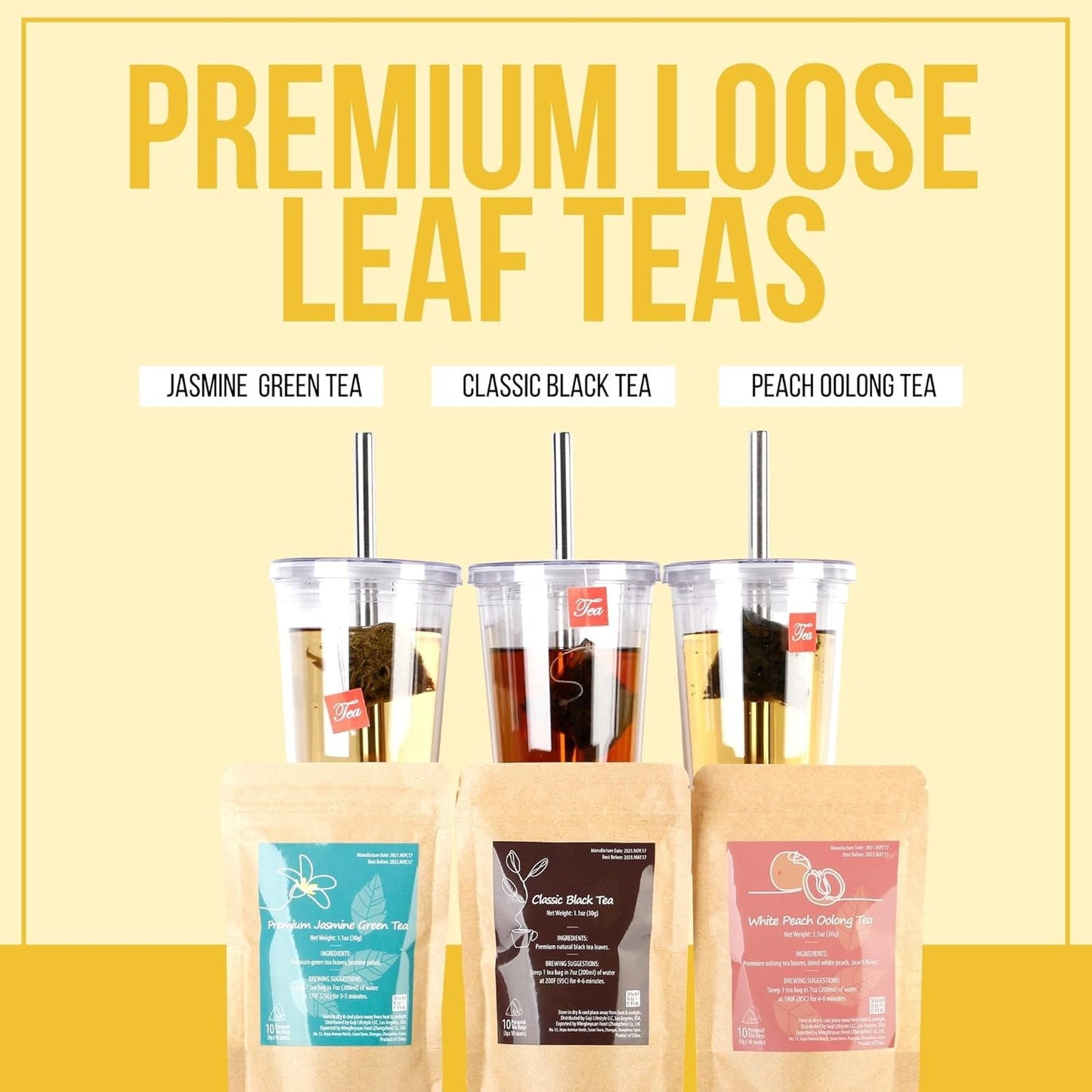 YUMBUCHA Instant Boba Making Kit - A Complete Set for Boba Tea Lovers - 30 Drinks, Reusable Cup & Straw, Tapioca Pearls, and Loose Leaf Teabags - White Peach Oolong, Jasmine Green, Classic Black