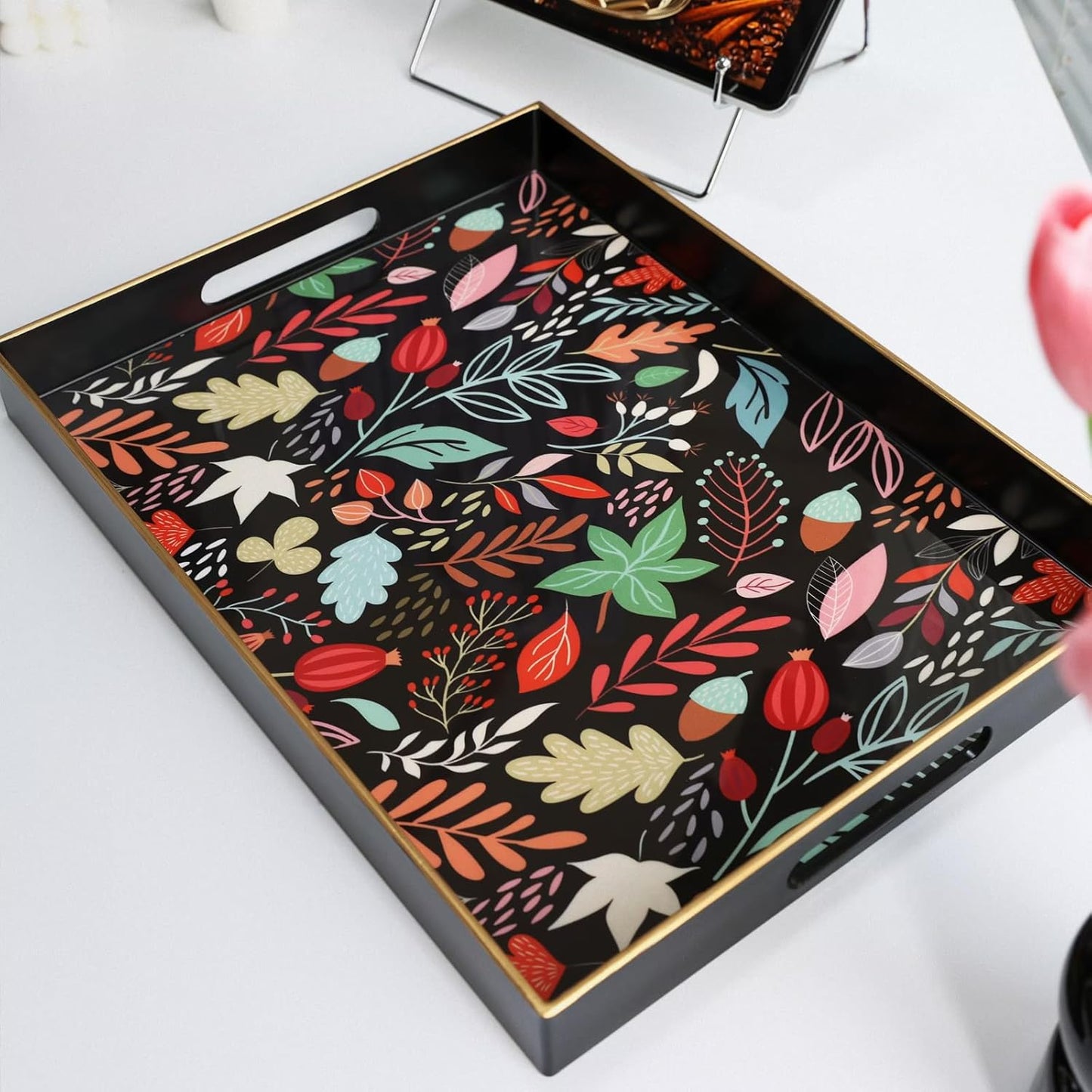 Rectangle Serving Tray with Handles, Coffee Table Tray for Ottoman, Organizer Vanity Tray for Living Room, Outdoor Tray for Patio Entertaining, Serving Breakfast Kitchen Platter LEE3040BH