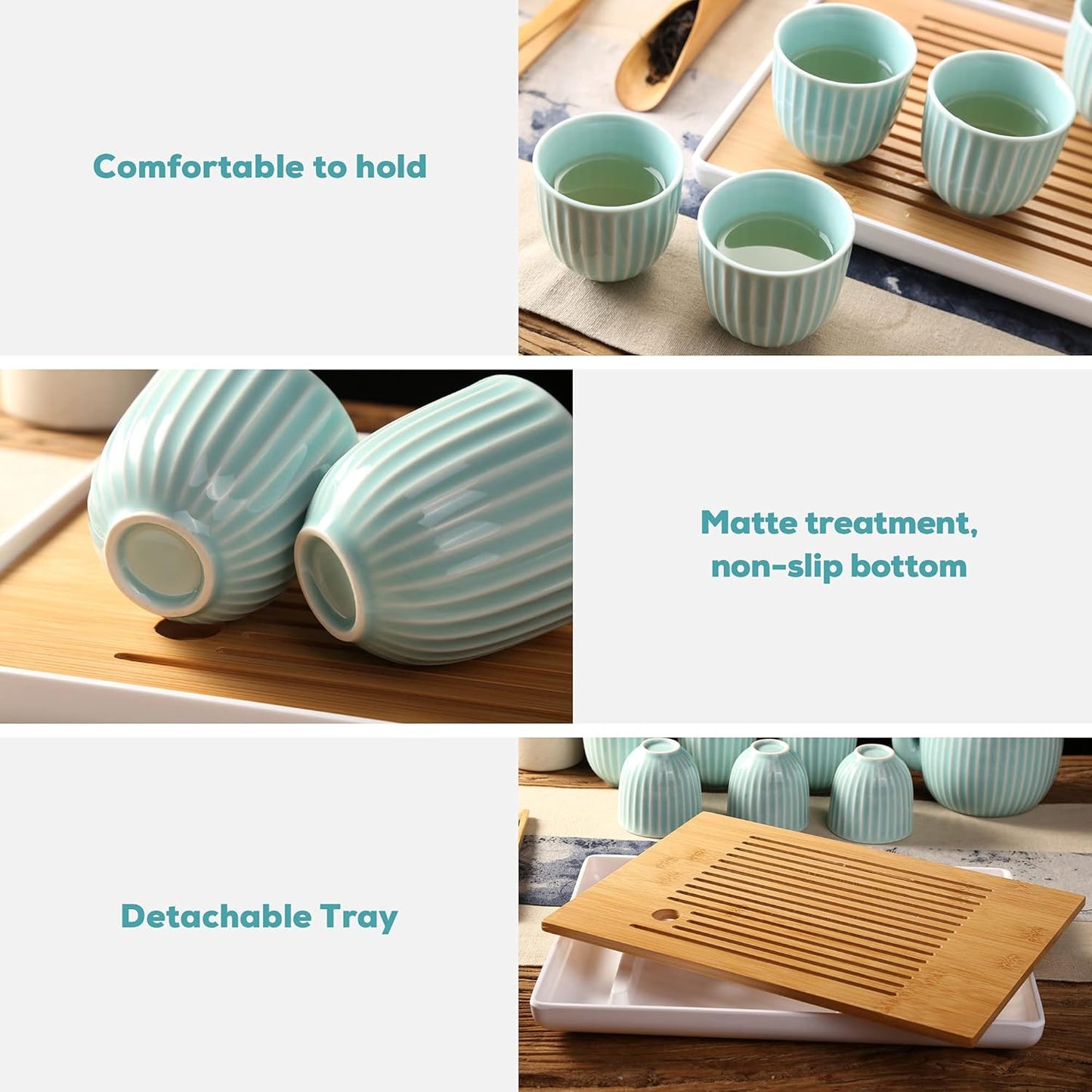 Dujust Japanese Tea Set, Cyan-blue Porcelain Tea Set with 1 Teapot Set, 6 Tea Cups, 1 Tea Tray, 1 Stainless Infuser, Asian Tea Sets for Adults/Tea Lover/Women/Men (Bamboo - Straight Grain Design)